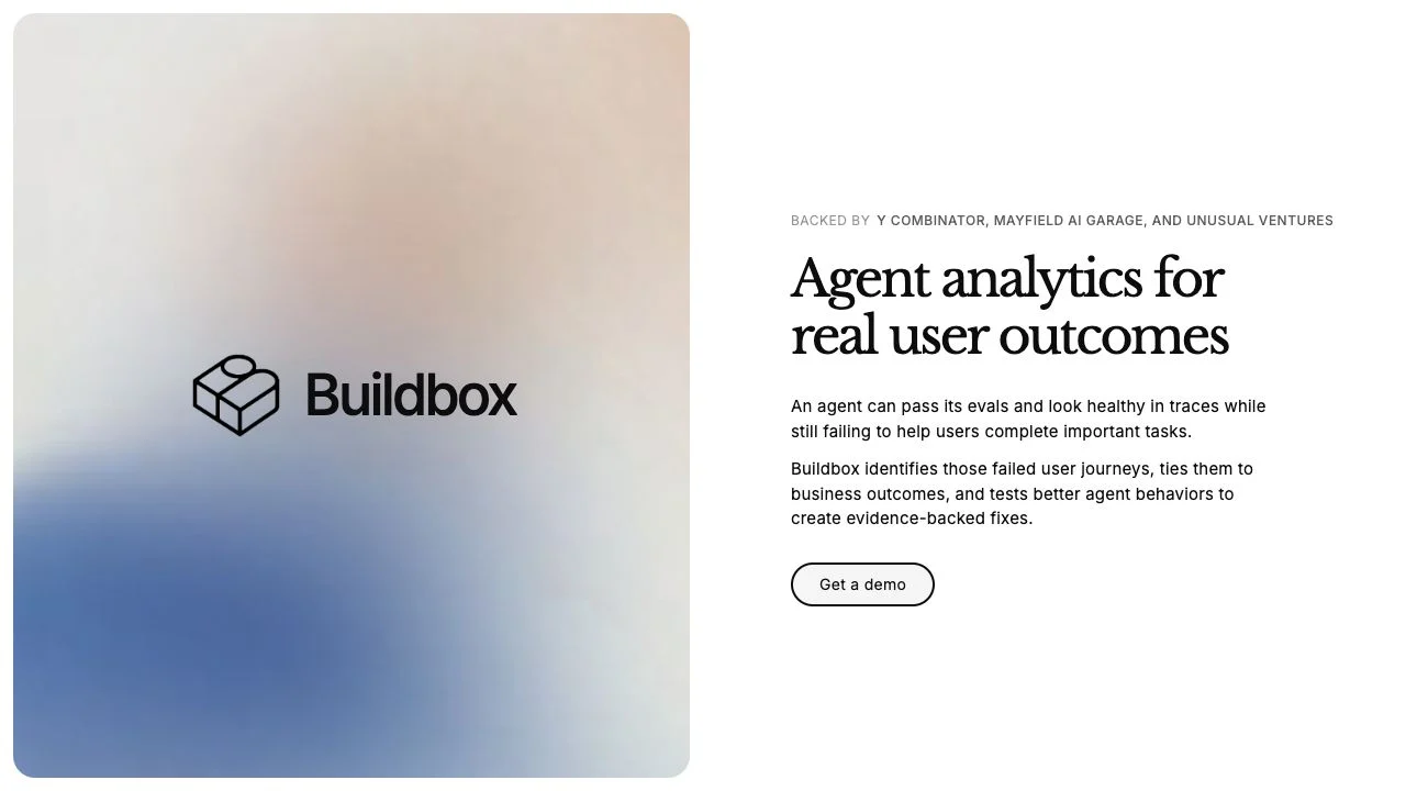 Buildbox live landing page, with its product positioning and Get a demo action.